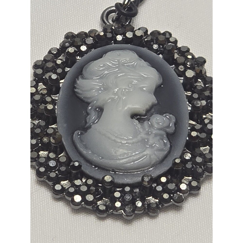 Vintage Antiqued Silvertone Pendant with Black Rhinestones